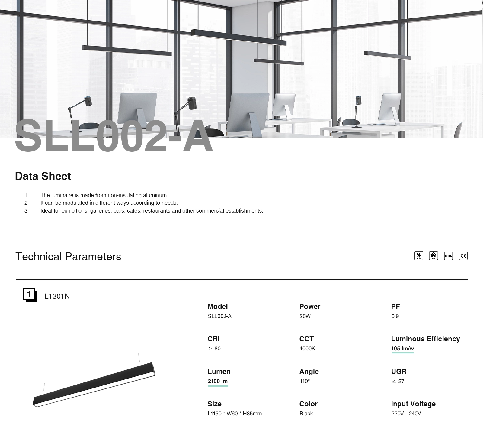 LED Linear Light - Black/30W/3000K/2900lm/34˚ - Kosoom SLL004-A-L1601-Office Lighting--01