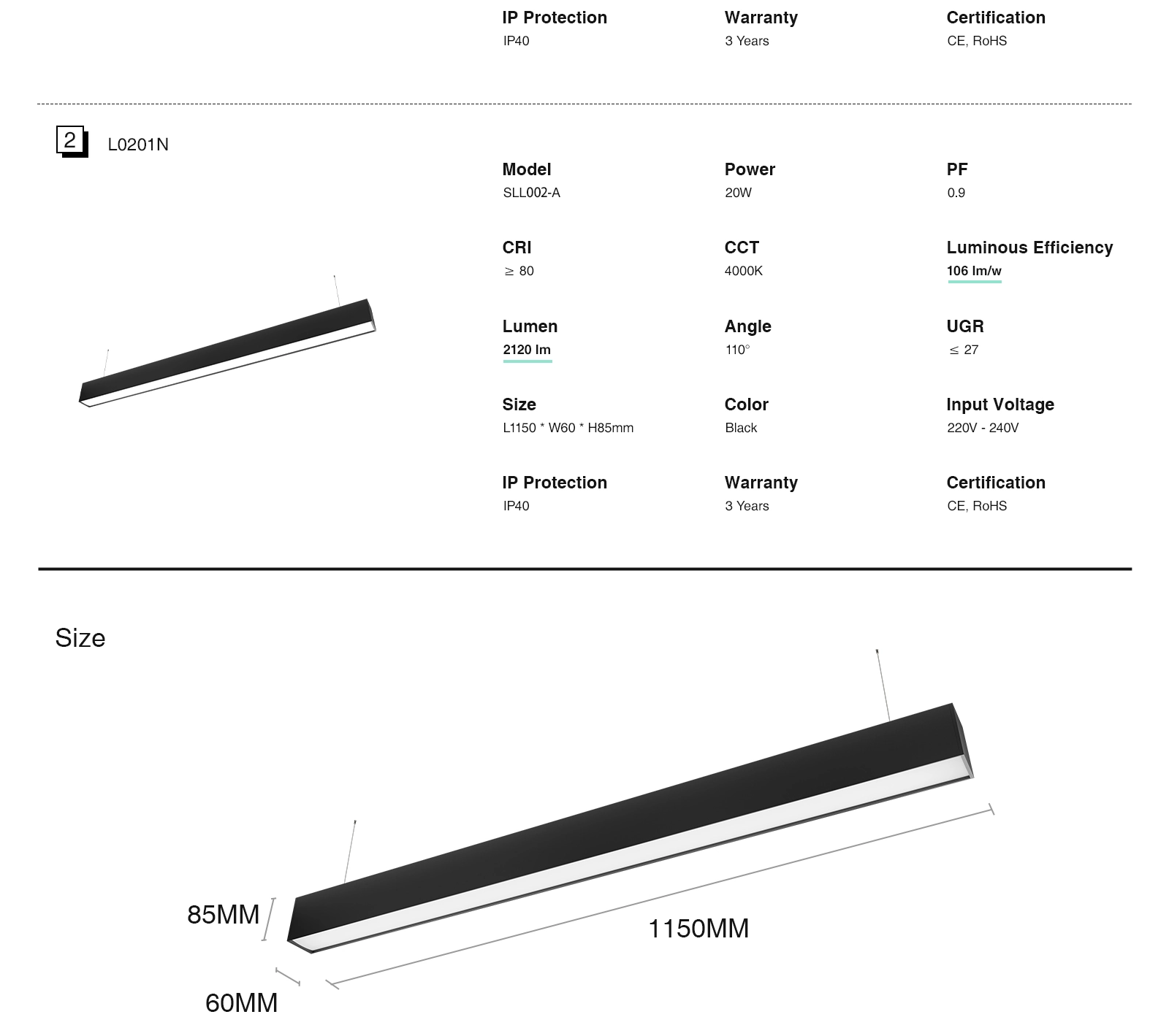 LED Linear Light - Black/30W/3000K/2900lm/34˚ - Kosoom SLL004-A-L1601-Linear Lights--02