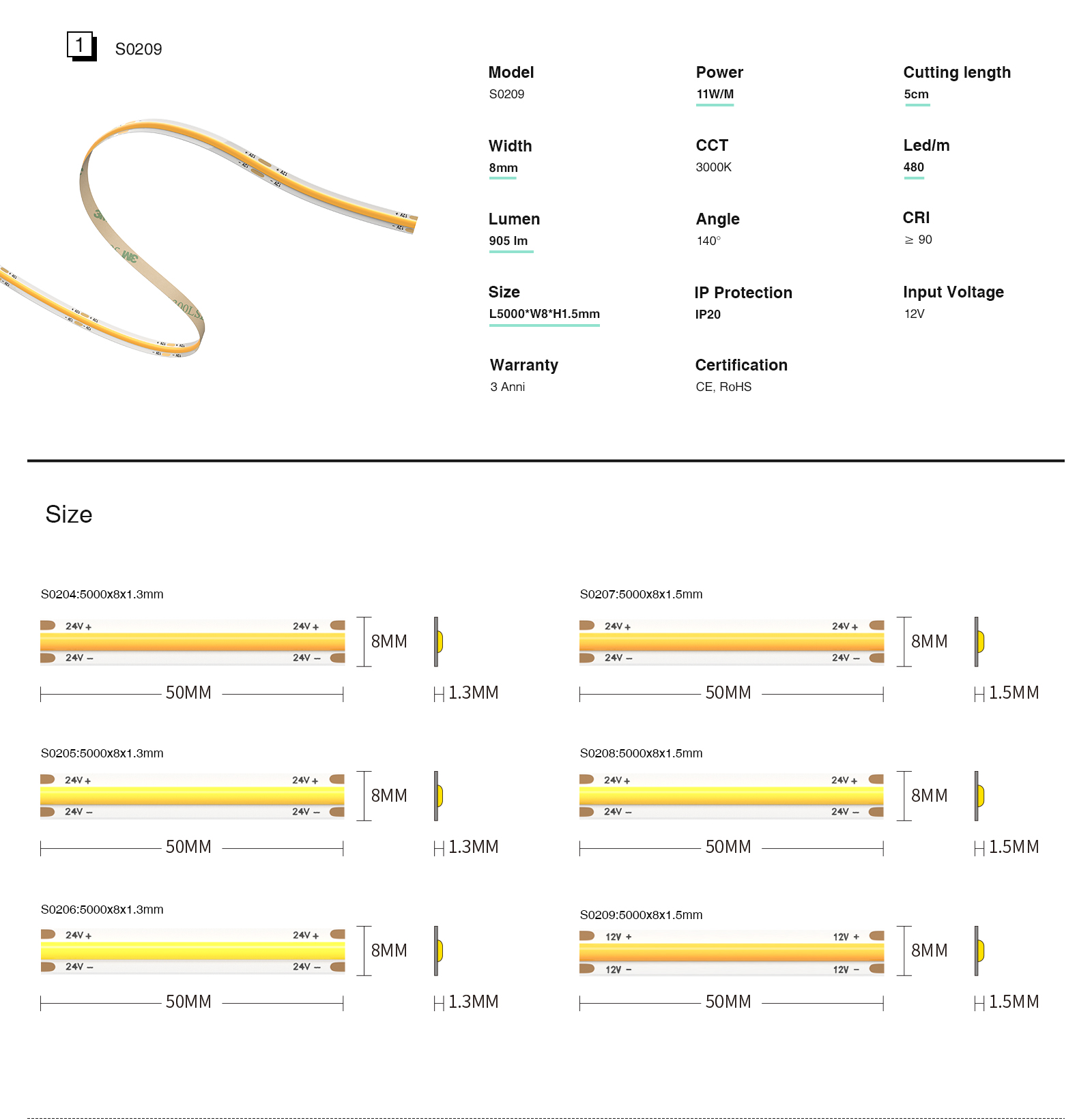 COB LED Strip Lights - Strisce LED COB - 4000K/1230lm/M - Kosoom STL002-S0205-12v LED Strip Lights--04