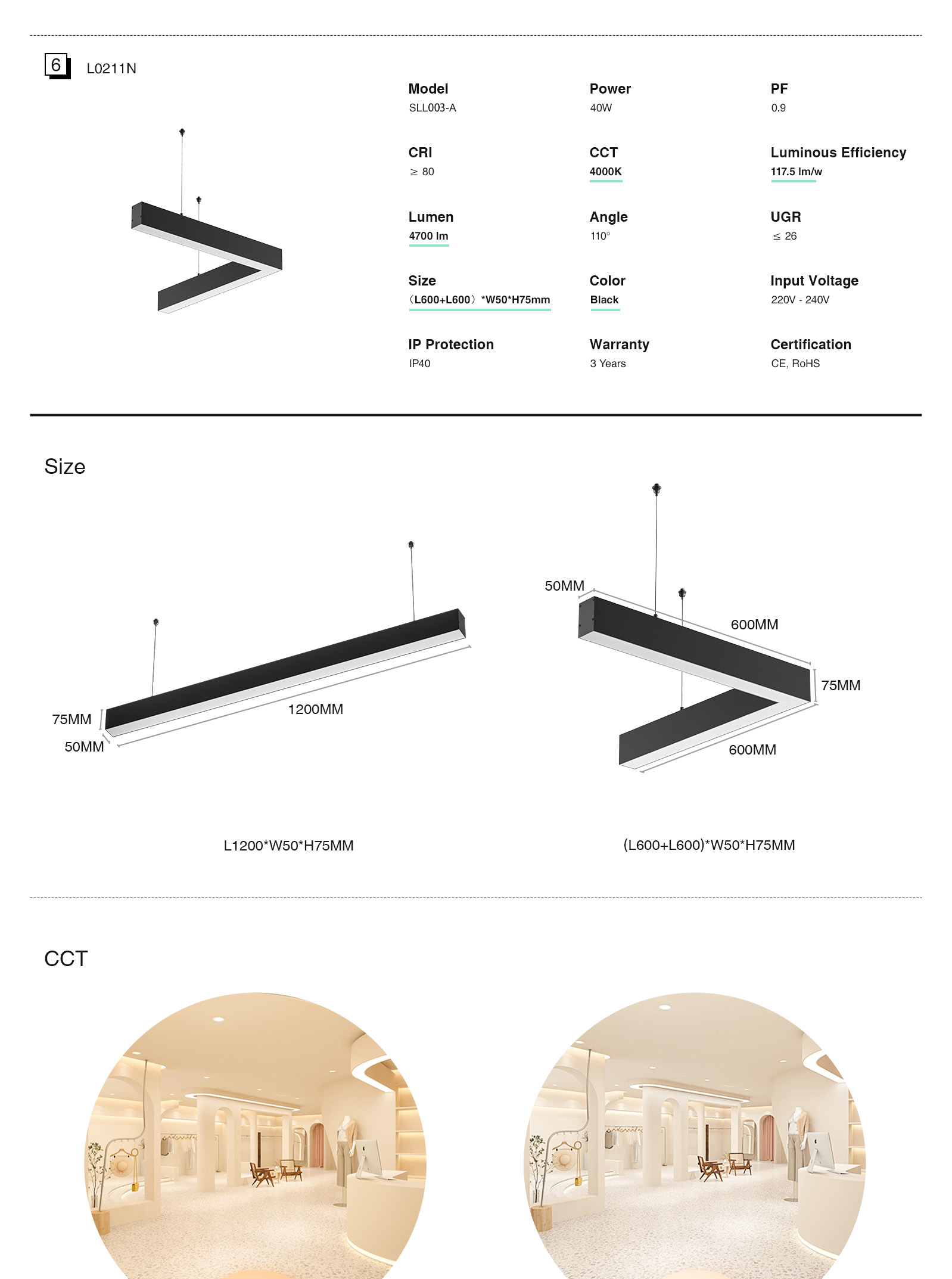 LED Linear Light -White/40W/3000K/4300lm - Kosoom L0201B-Electrician LED Lighting--3