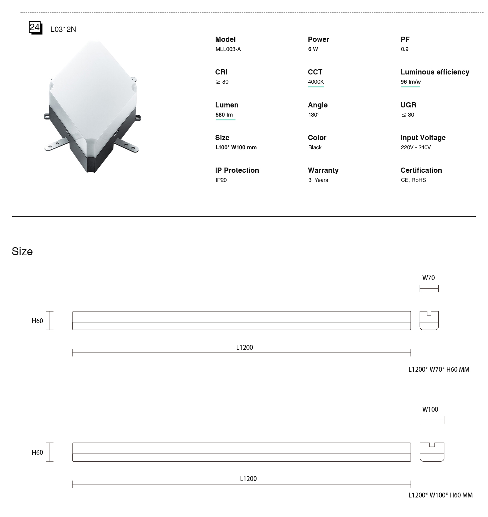 LED Linear Light - White/4W/3000K/355lm/130˚/100*100mm - Kosoom MLL003-A_L0309B-All Products--standard book7