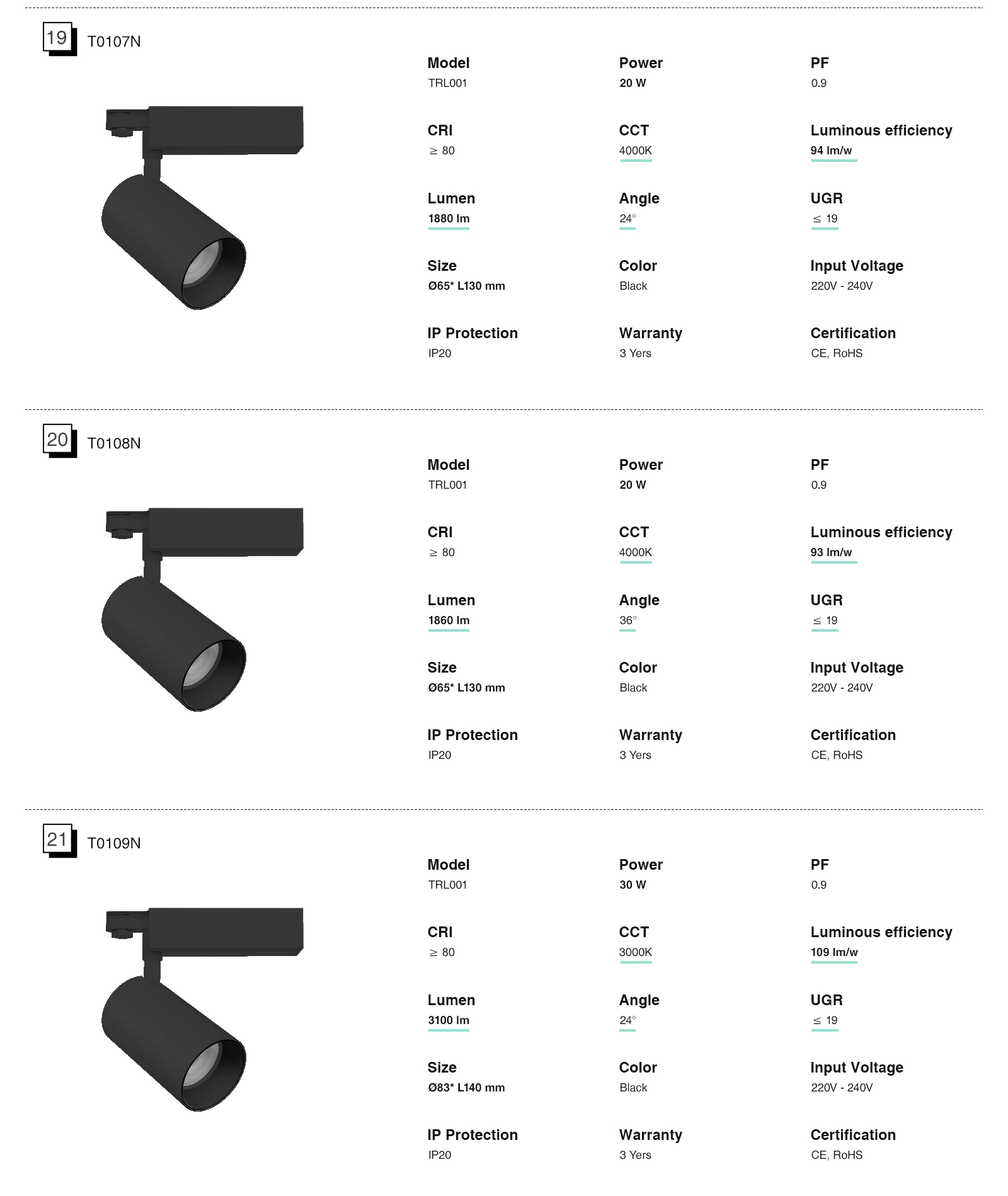 LED Track light/LED Spotlight - Black/12W/3000K/960lm/24˚ - Kosoom T0101N-LED Spotlights--08