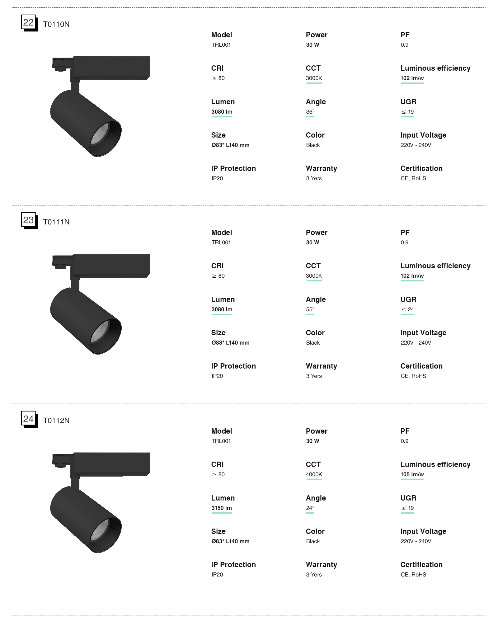 LED Track light/LED Spotlight - Black/12W/3000K/960lm/24˚ - Kosoom T0101N-All Products--09