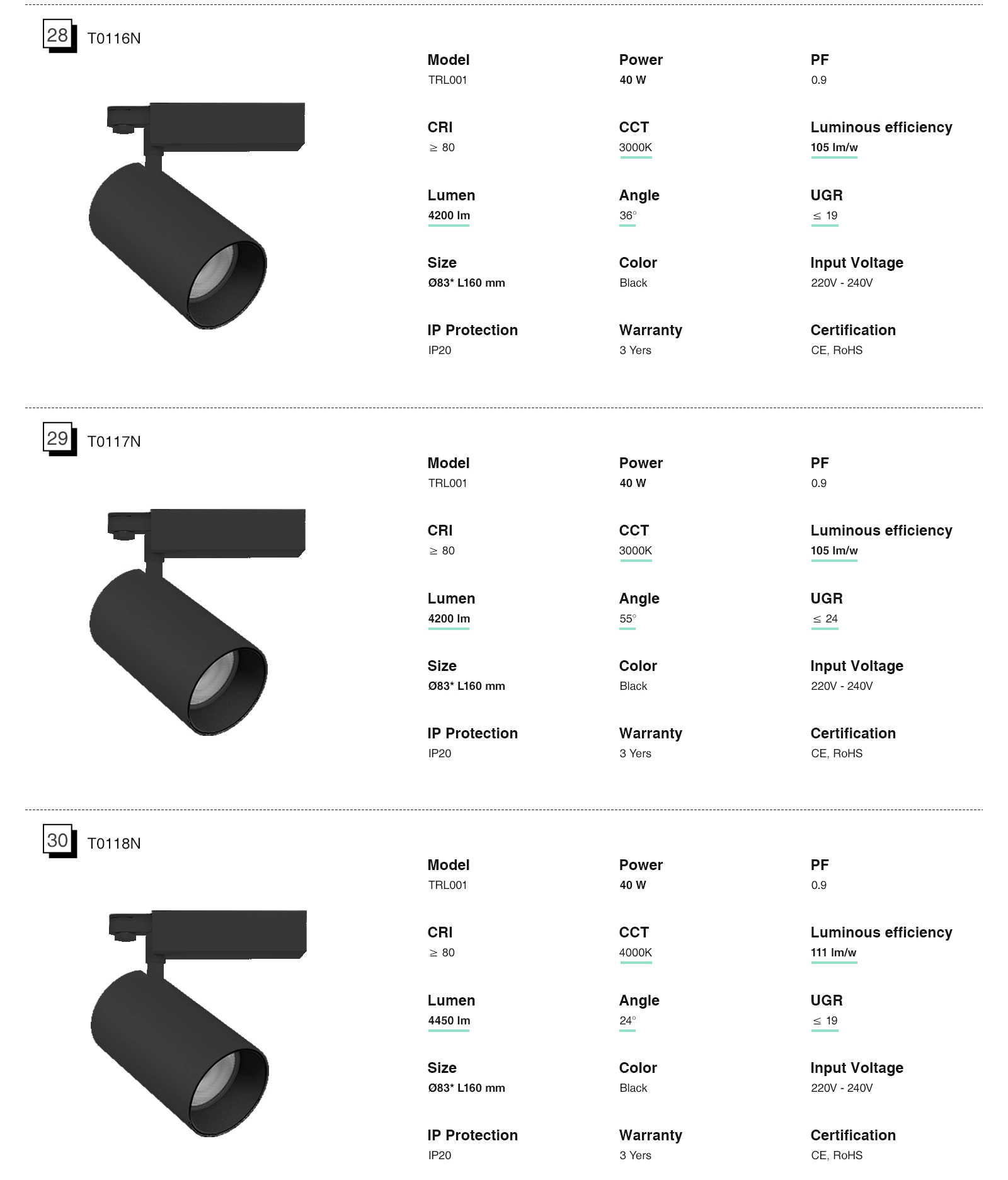 LED Track light/LED Spotlight - Black/12W/3000K/960lm/24˚ - Kosoom T0101N-Black Track Lighting--11