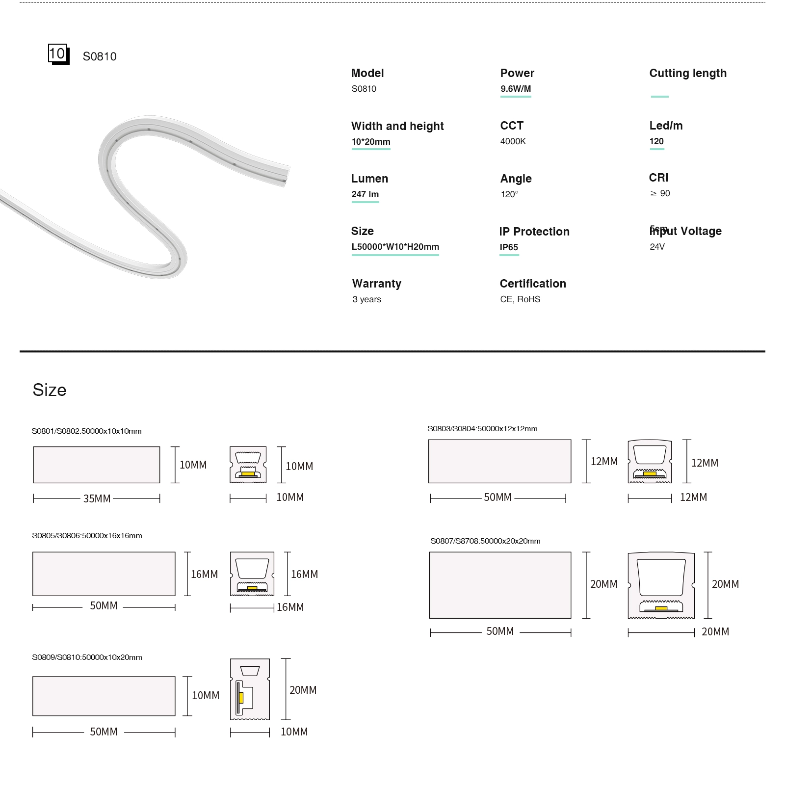 Neon LED Strip Lights(50m) - IP65/9.6w/4000k/463lm - Kosoom S0806-Strip Wall Lighting--06