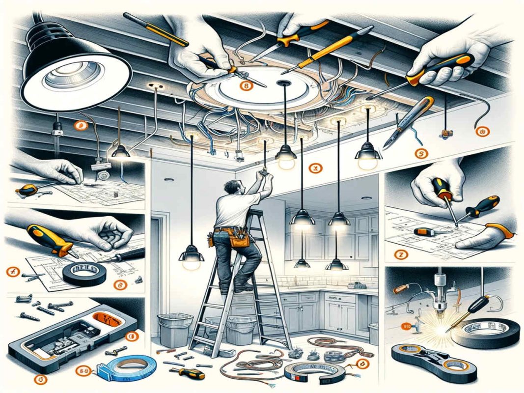 Installing Recessed Lights Like a Pro [2024 Edition]-Article-Guide-DALL·E 2023 12 27 18.03.20 An illustration depicting the step by step process of installing recessed lighting in a new circuit. The image should show tools like wire strippers,