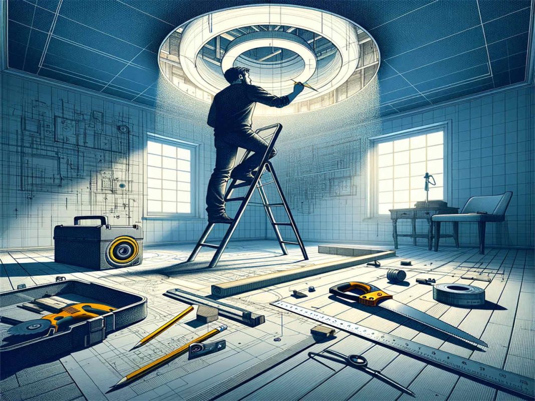 Installing Recessed Lights Like a Pro [2024 Edition]-Installation-Guide-DALL·E 2023 12 27 18.04.44 A graphic art depiction of the process titled 'Cut a Hole in the Ceiling for Recessed Lighting'. The image features an interior scene with a person ma