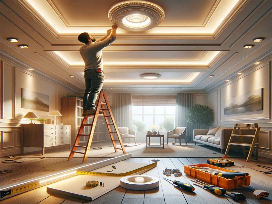 Installing Recessed Lights Like a Pro [2024 Edition]-Guide-Guide-DALL·E 2023 12 27 18.08.59 A detailed home improvement scene depicting the process of adding trim around recessed lighting fixtures. The image shows a well lit room with a ladde