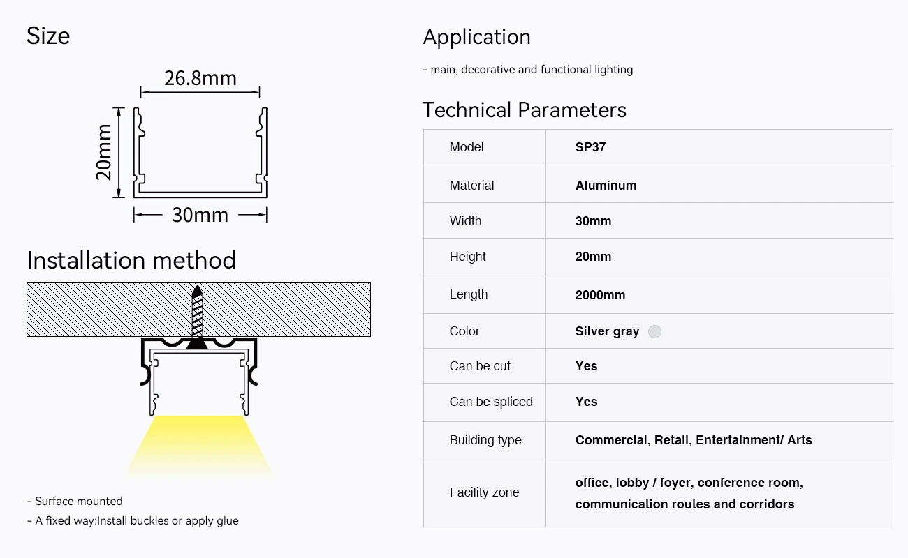 LED Profile - 2 meters compressed covers and caps / CN-SU01 L2000*30*20mm - Kosoom SP37-LED Profile--09