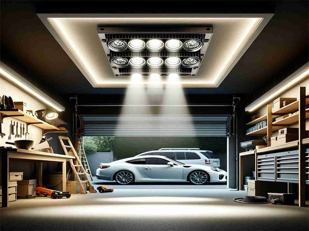 garage recessed lighting ideas-About lighting--DALL·E 2024 01 10 14.24.06 A digital illustration of a garage featuring recessed lighting with adjustable beam spread. The garage is well lit, showing a clear contrast between a