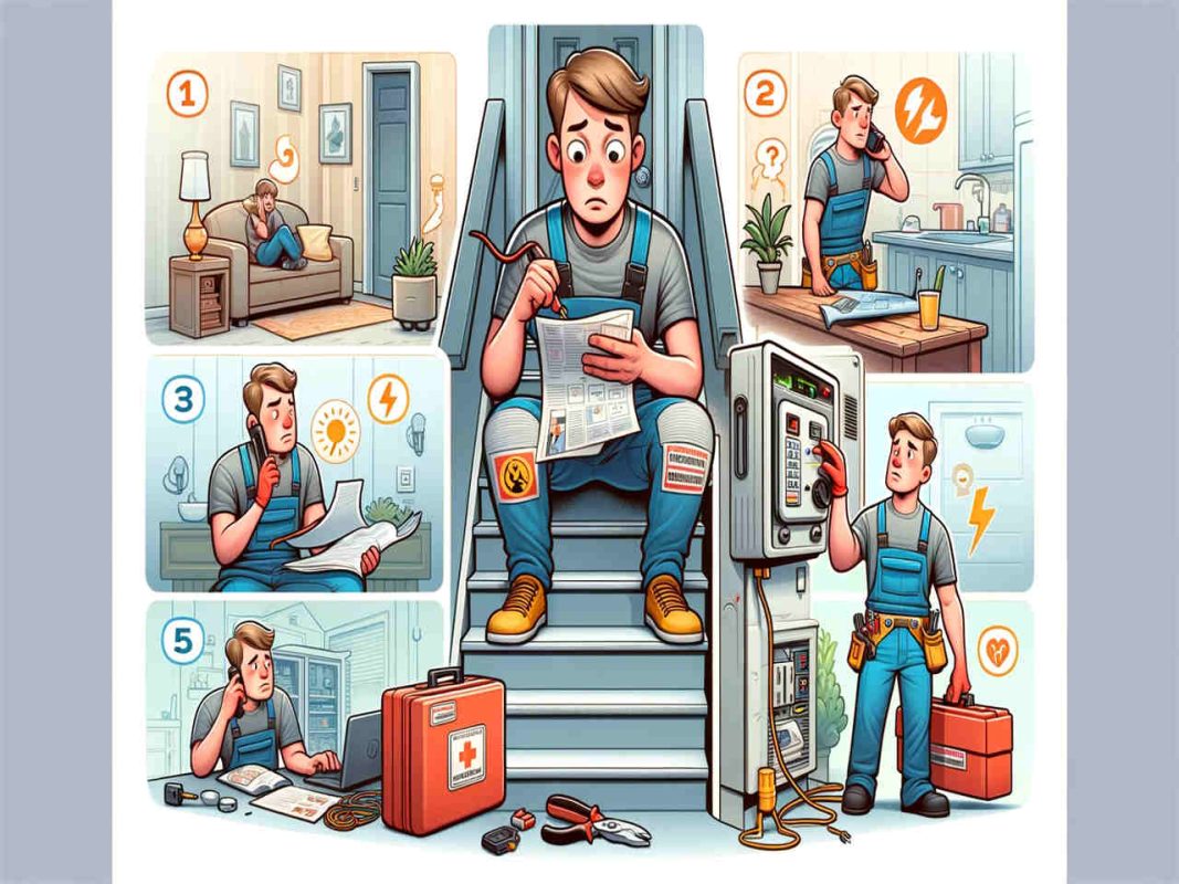 how to find a good and journeyman electrician-Guide-All you need to know-DALL·E 2024 01 16 19.42.38 A cartoon illustration depicting the steps to hiring a qualified electrician. The image is divided into several sections, each representing a differen