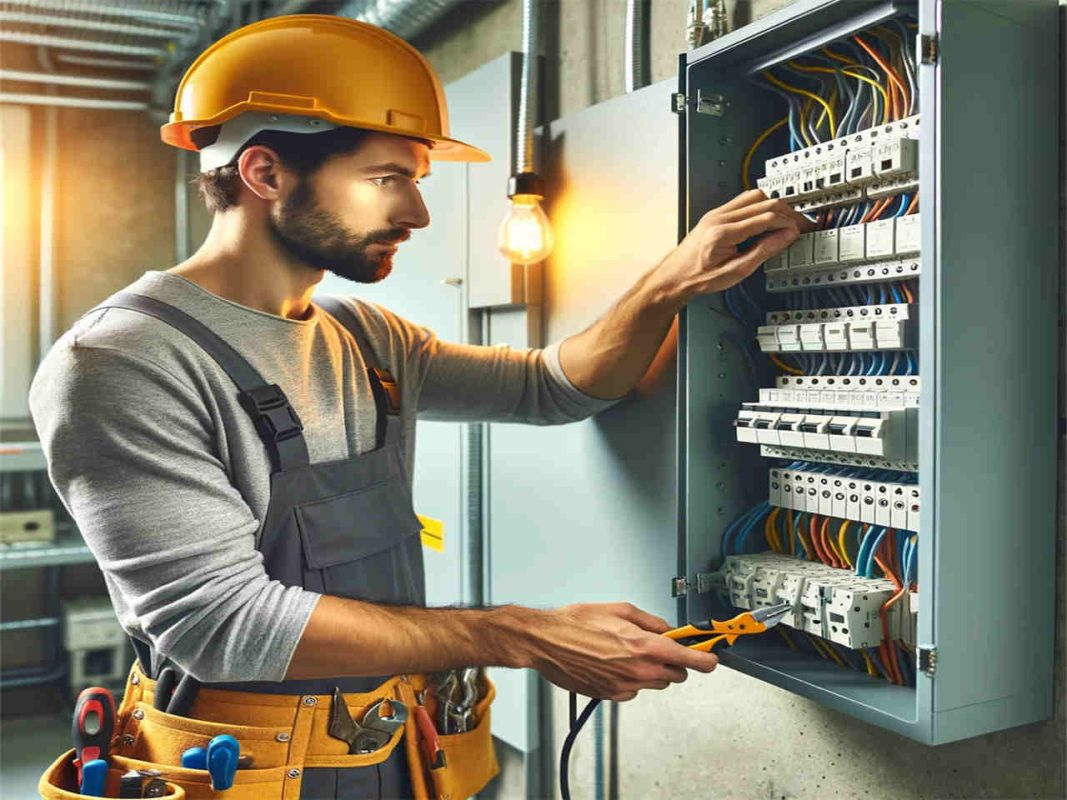 how to find a good and journeyman electrician-Article-All you need to know-DALL·E 2024 01 16 19.46.11 A professional electrician performing quality and safety checks in a modern environment. The image depicts an electrician wearing a safety helmet and