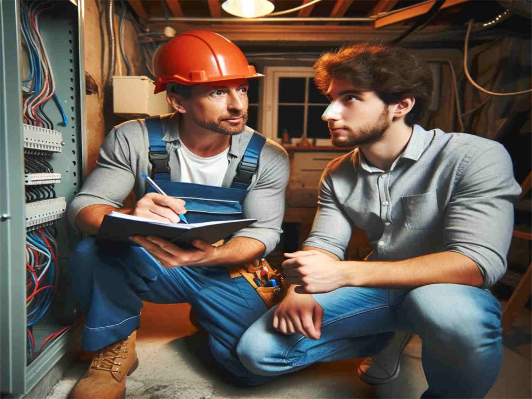 how to find a good and journeyman electrician-Solution-All you need to know-DALL·E 2024 01 16 19.49.29 A professional scene depicting a homeowner working effectively with an electrician. The electrician, wearing a safety helmet and a tool belt, is expla