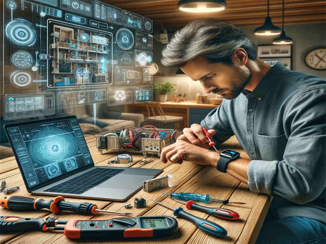 how to find a good and journeyman electrician-Solution-All you need to know-DALL·E 2024 01 16 19.51.11 An image depicting the theme 'Technology and the Modern Electrician'. The setting is a contemporary workspace with advanced technological tools. In th