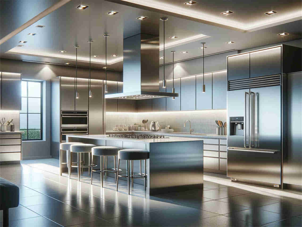 kitchen recessed lighting ideas -About lighting--DALL·E 2024 01 09 16.02.40 A modern kitchen with recessed lighting. The kitchen is spacious with sleek, contemporary design elements. Stainless steel appliances, including a ref