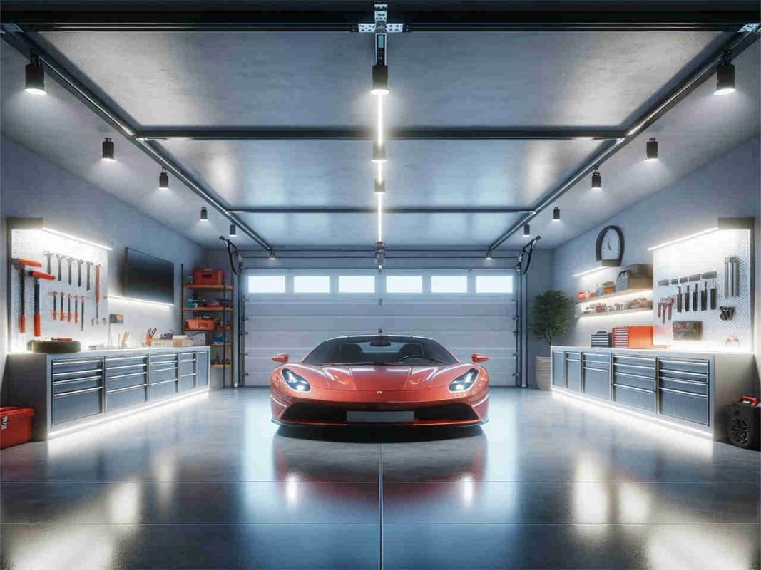 garage recessed lighting ideas-About lighting--DALL·E 2024 01 10 14.34.41 A garage interior with recessed lighting ideas. The garage is spacious, clean, and modern, with smooth concrete floors and white walls. The ceiling fe