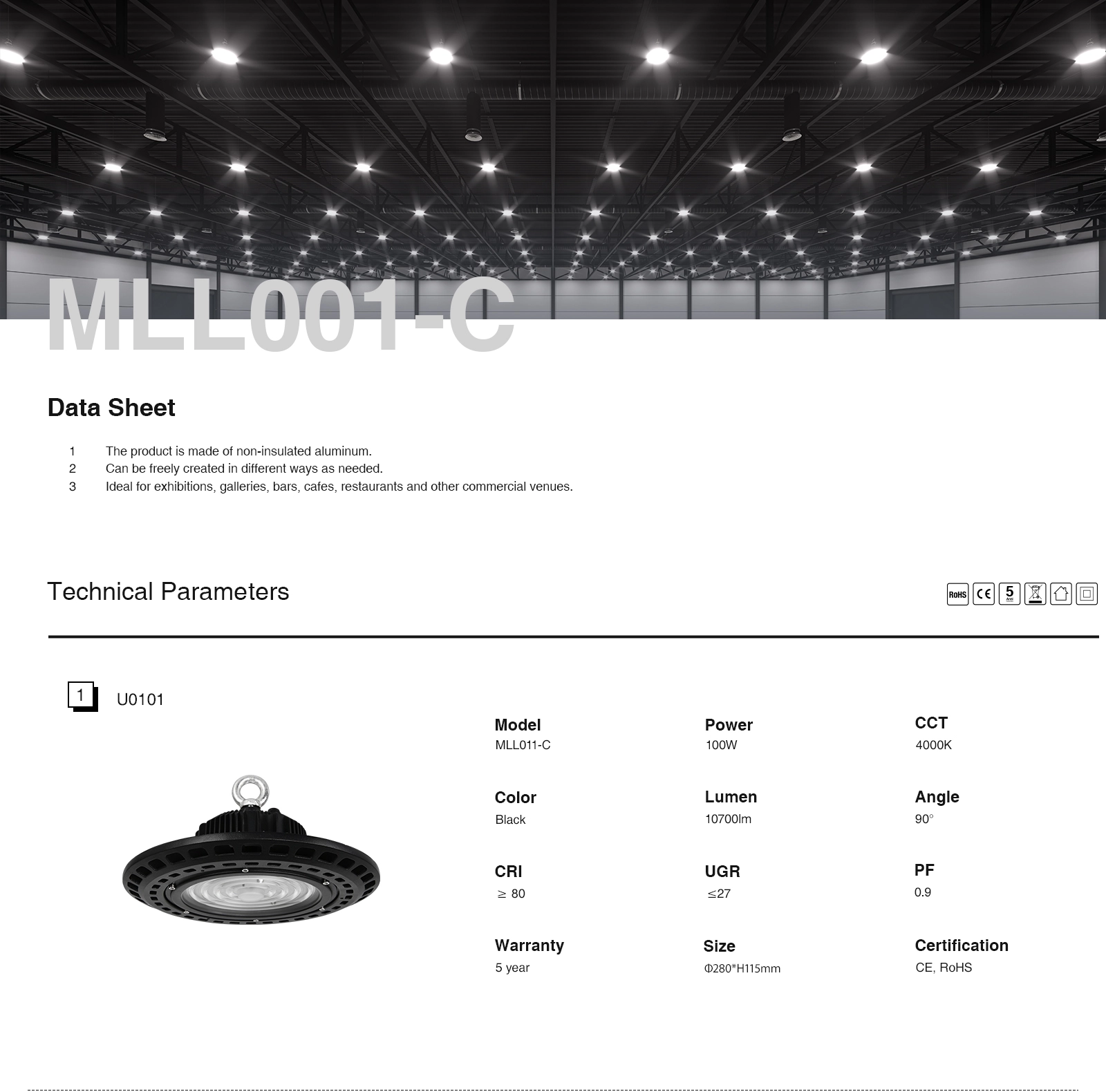 U0101 - 100W/4000k/Nero/IP65/10700lm/90˚/CRI≥80/UGR≤27/PF0.9 - High Bay Light Kosoom-High Bay Garage Lights--MLL011 C 01