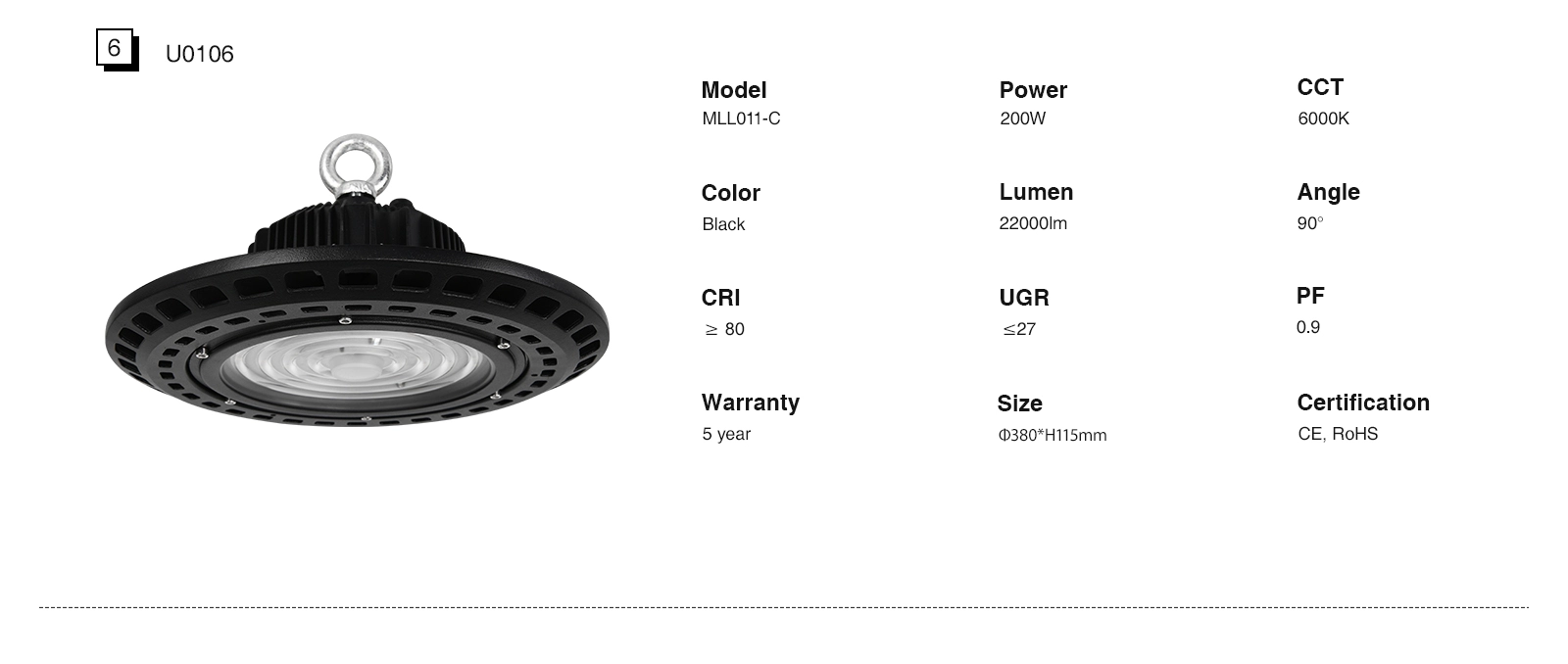 U0101 - 100W/4000k/Nero/IP65/10700lm/90˚/CRI≥80/UGR≤27/PF0.9 - High Bay Light Kosoom-High Bay Garage Lights--MLL011 C 04